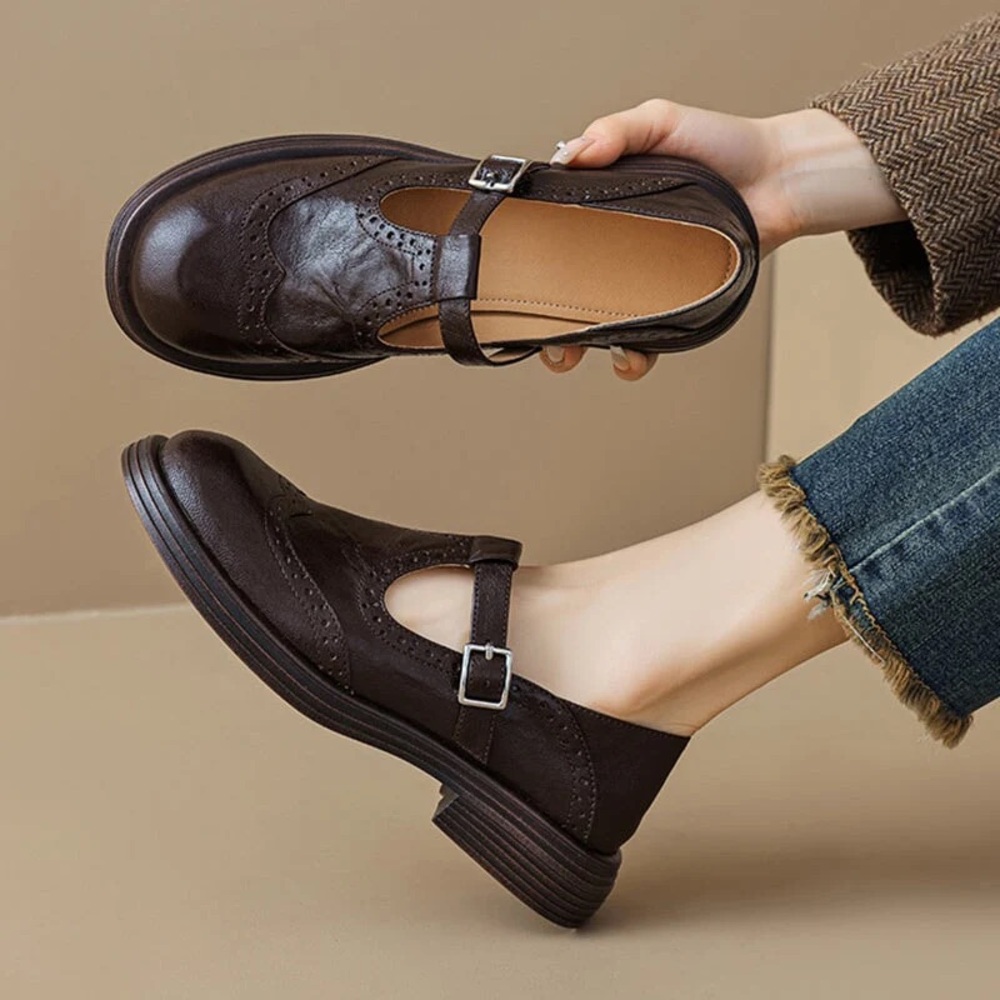Dwarves Preppy Style Brogue Sheepskin T Strap Mary Jane in Coffee
 Size 40